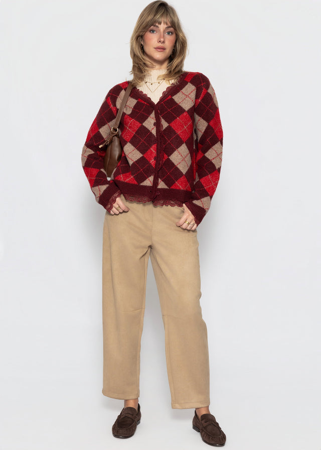 Strickjacke mit Rautenmuster und Spitzenborte - burgundy