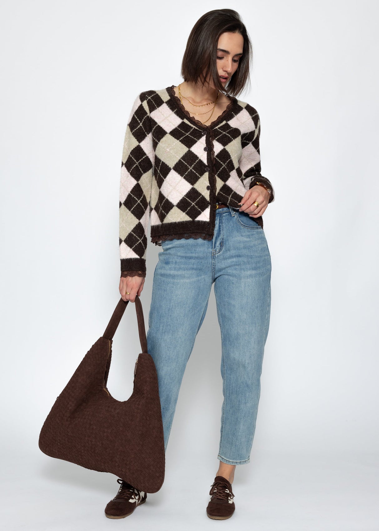 Cardigan with diamond pattern and lace trim - brown