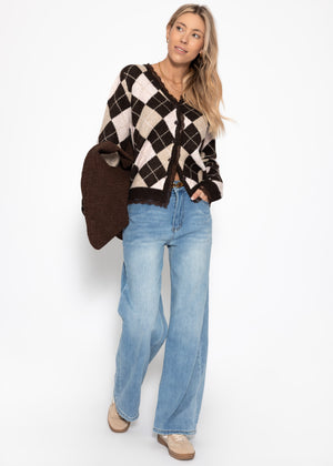 Strickjacke mit Rautenmuster und Spitzenborte - braun