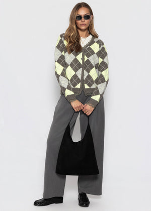 Strickjacke mit Rautenmuster und Spitzenborte - grau