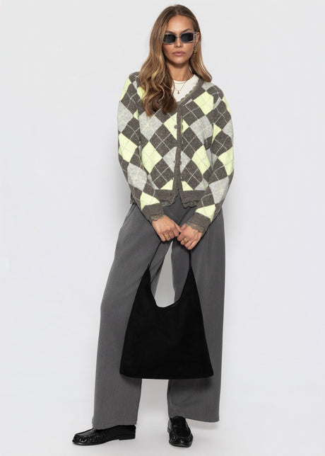 Strickjacke mit Rautenmuster und Spitzenborte - grau