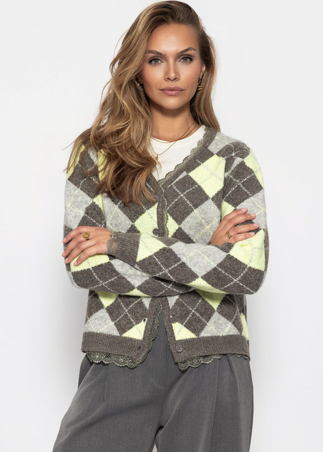 Strickjacke mit Rautenmuster und Spitzenborte - grau