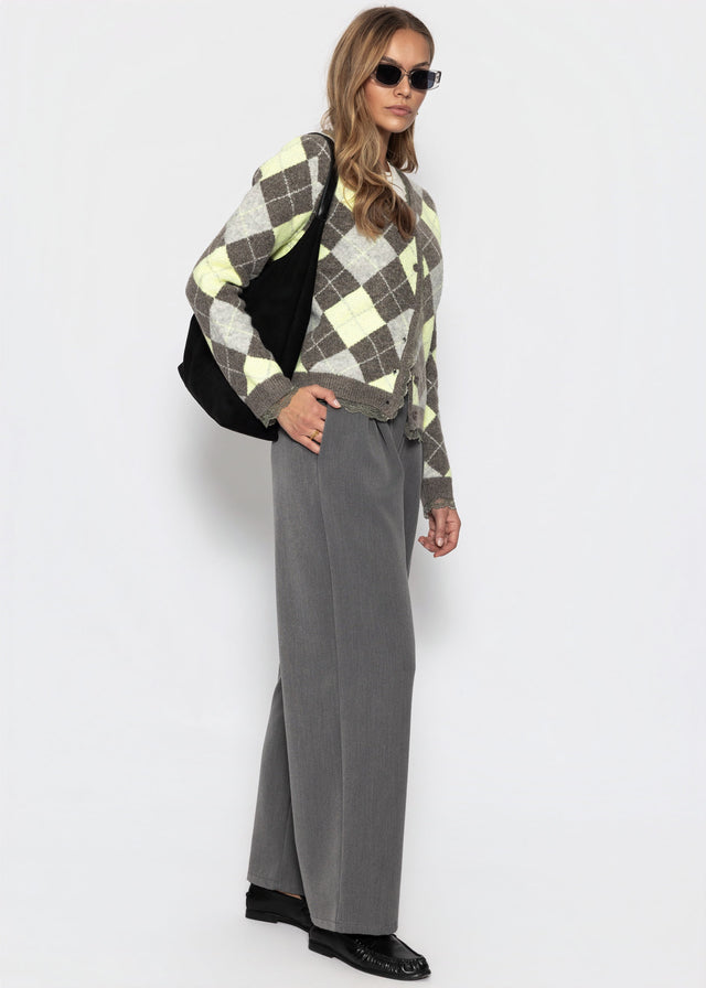 Strickjacke mit Rautenmuster und Spitzenborte - grau