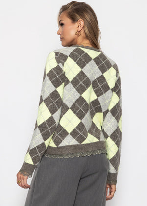 Strickjacke mit Rautenmuster und Spitzenborte - grau