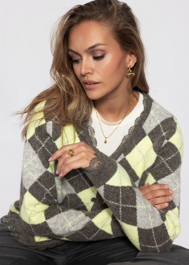 Strickjacke mit Rautenmuster und Spitzenborte - grau