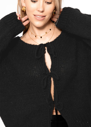 Strickjacke mit Schleifenverschluss - schwarz