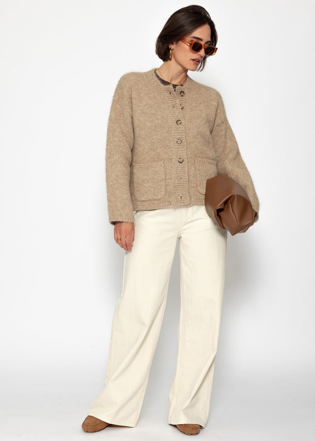 Cardigan with pockets and button placket - beige