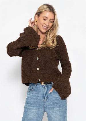 Strickjacke mit Trompetenärmeln - braun