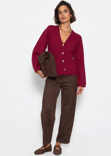 Cardigan with V-neck and gold-tone buttons - berry