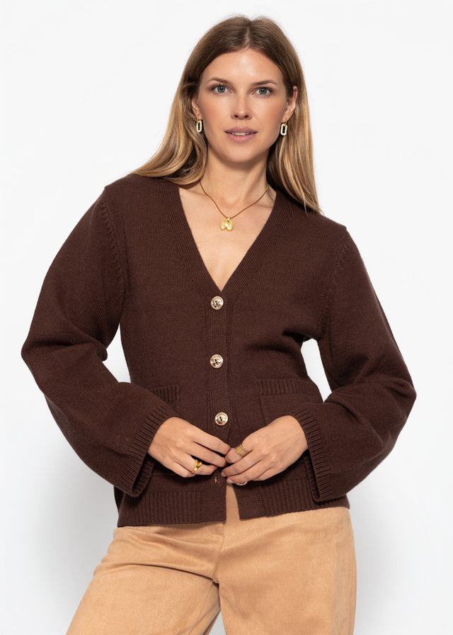 Cardigan with V-neck and gold-tone buttons - brown