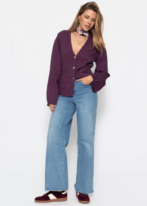 Strickjacke mit V-Ausschnitt und Goldknöpfen - plum