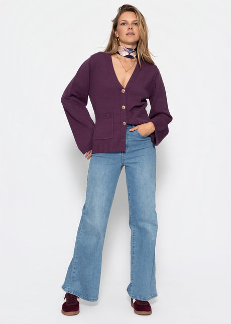 Cardigan with V-neck and gold-tone buttons - plum