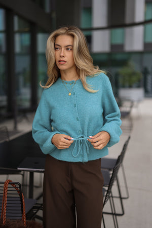 Strickjacke mit verstellbarem Kordelzug - petrol