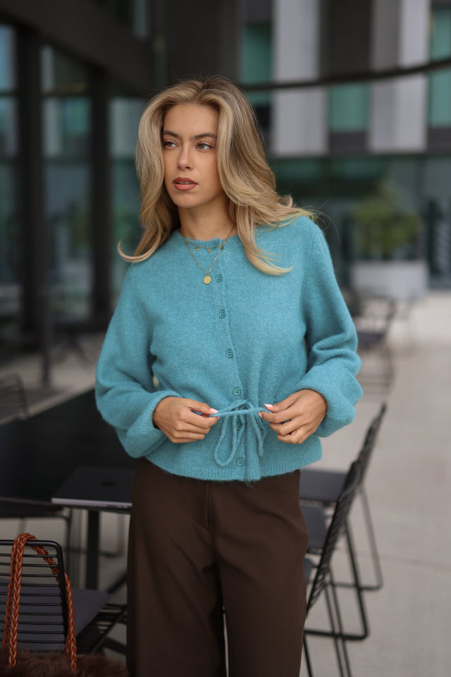 Strickjacke mit verstellbarem Kordelzug - petrol