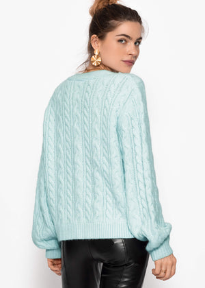 Strickjacke mit Zopfmuster - eisblau