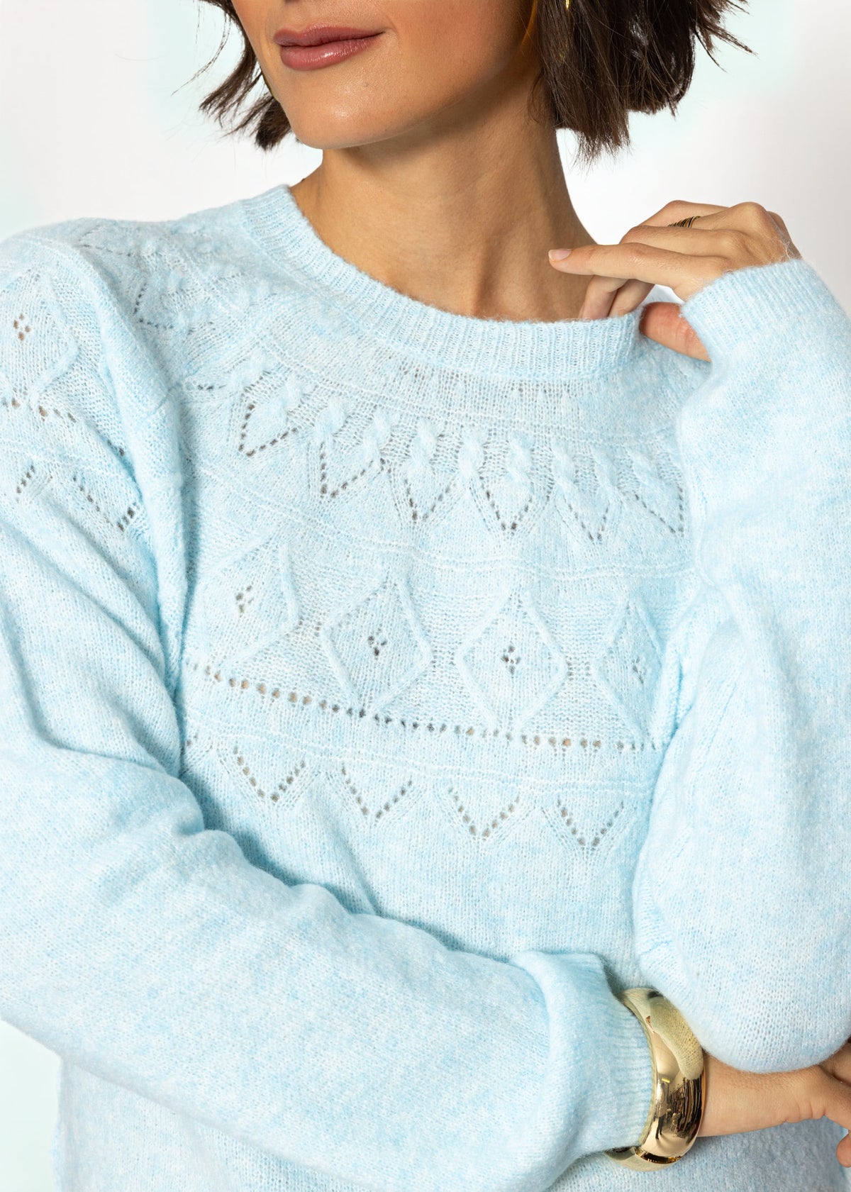 Strickpullover mit feinem Ajour-Norwegermuster- hellblau