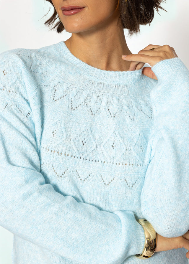 Strickpullover mit feinem Ajour-Norwegermuster- hellblau