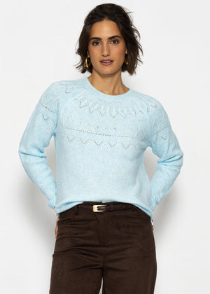 Strickpullover mit feinem Ajour-Norwegermuster- hellblau