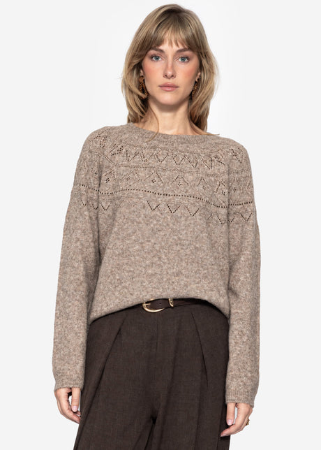Strickpullover mit feinem Ajour-Norwegermuster- taupe
