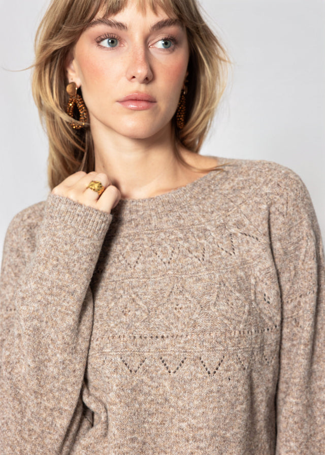 Strickpullover mit feinem Ajour-Norwegermuster- taupe