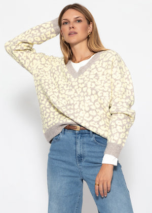 Strickpullover mit Leopardenmuster - beige-gelb
