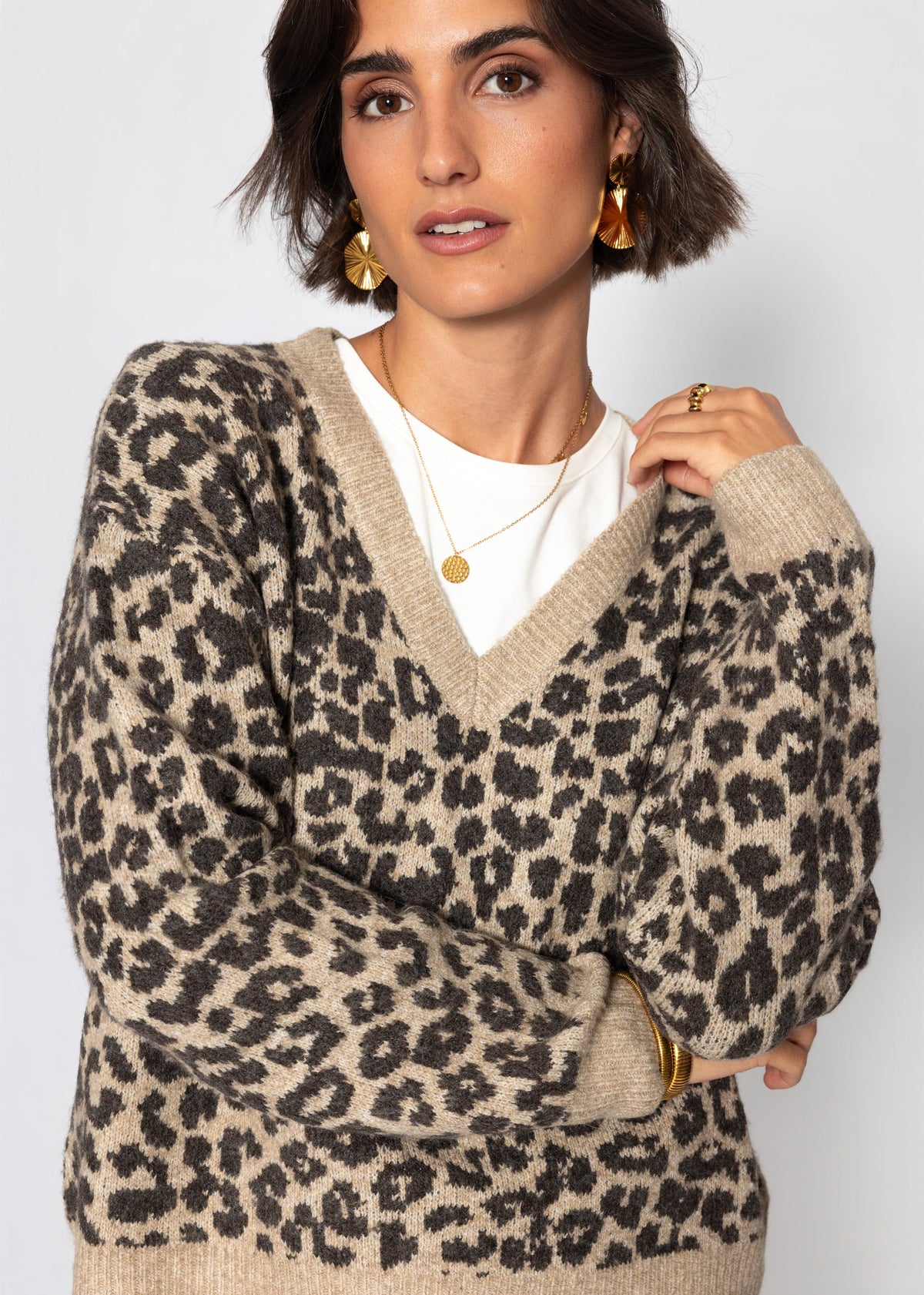Strickpullover mit Leopardenmuster - braun-taupe