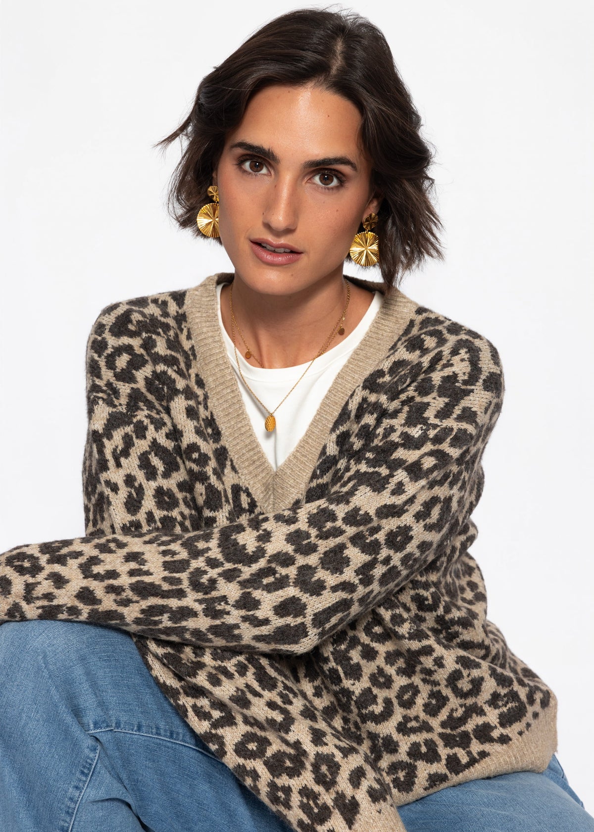 Strickpullover mit Leopardenmuster - braun-taupe