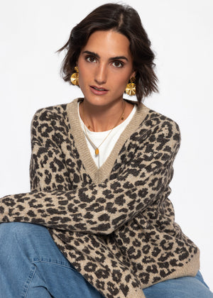 Strickpullover mit Leopardenmuster - braun-taupe