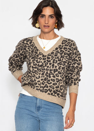 Strickpullover mit Leopardenmuster - braun-taupe