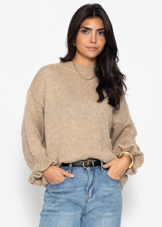 Strickpullover mit Rüschenärmeln - beige