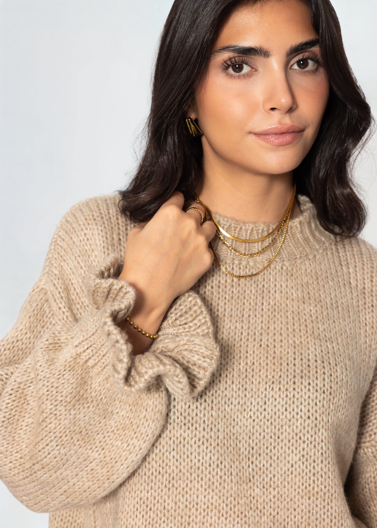Strickpullover mit Rüschenärmeln - beige