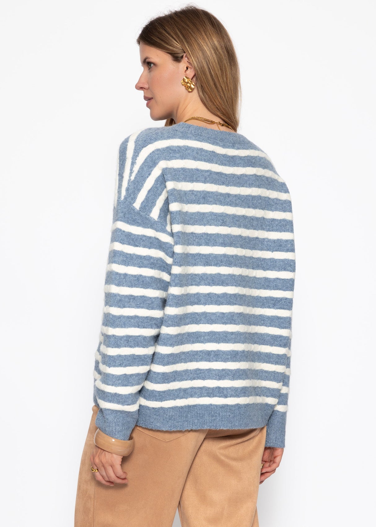 Strickpullover mit Streifen-Design - jeansblau-offwhite