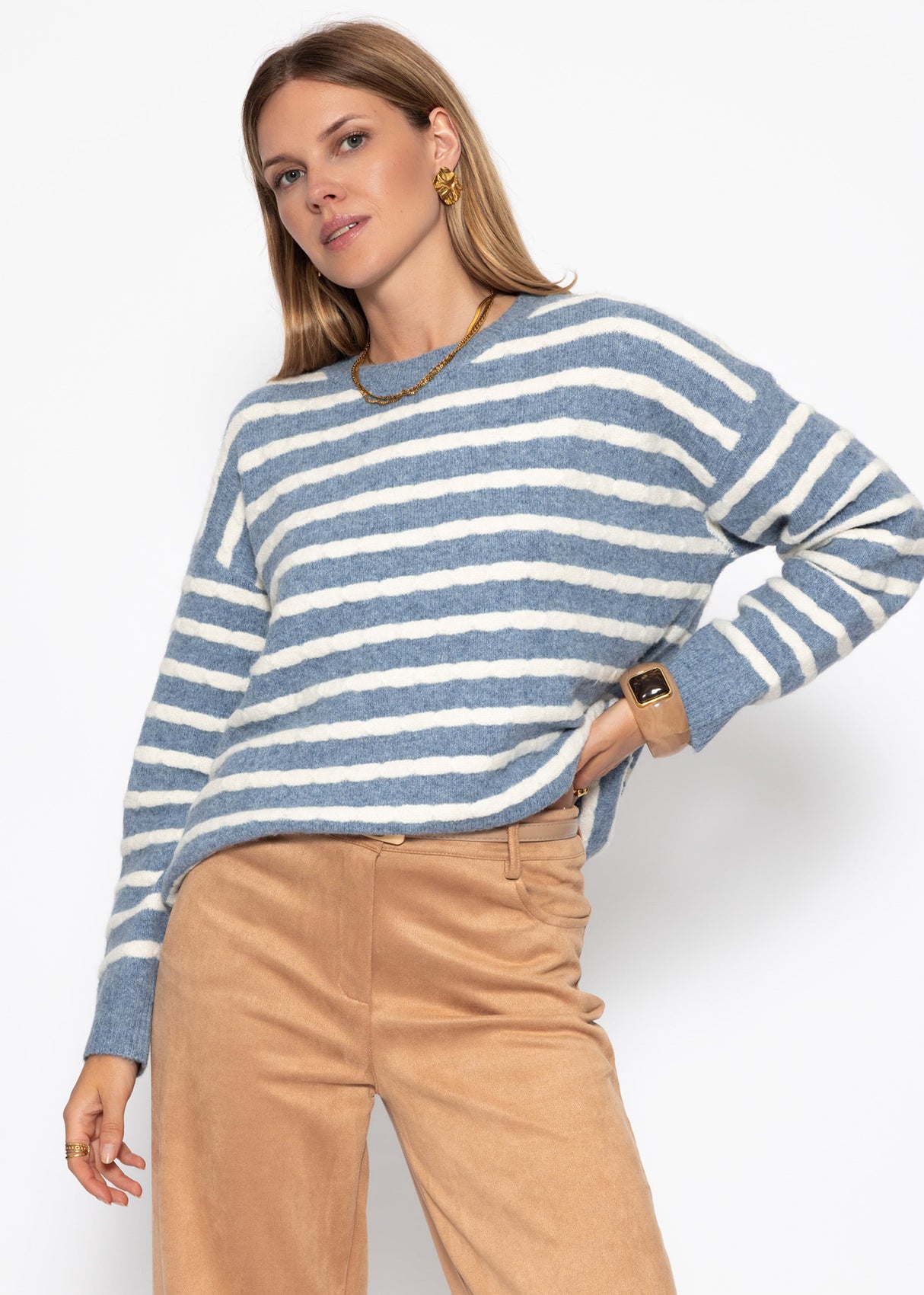 Strickpullover mit Streifen-Design - jeansblau-offwhite