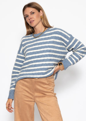 Strickpullover mit Streifen-Design - jeansblau-offwhite