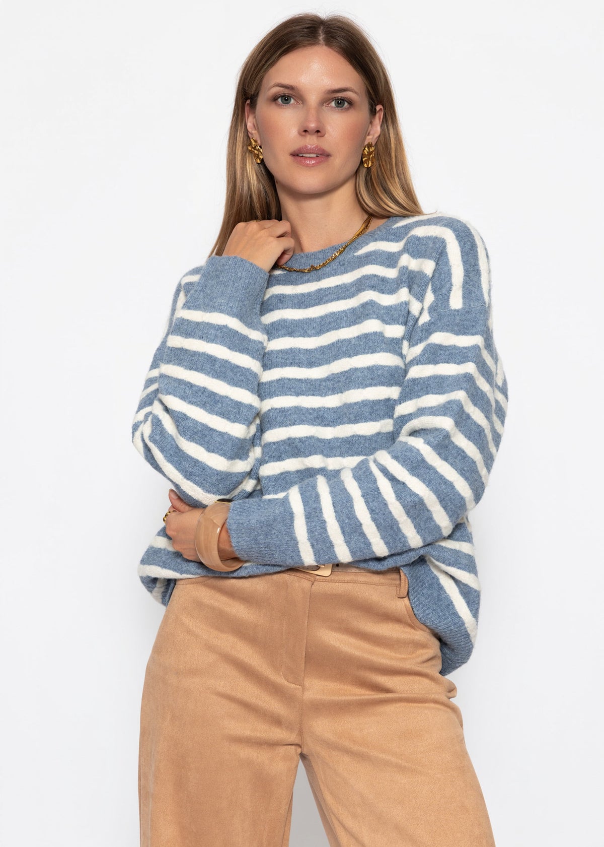 Strickpullover mit Streifen-Design - jeansblau-offwhite