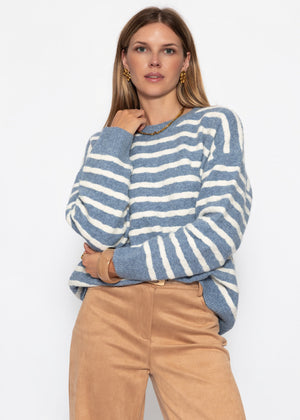 Strickpullover mit Streifen-Design - jeansblau-offwhite