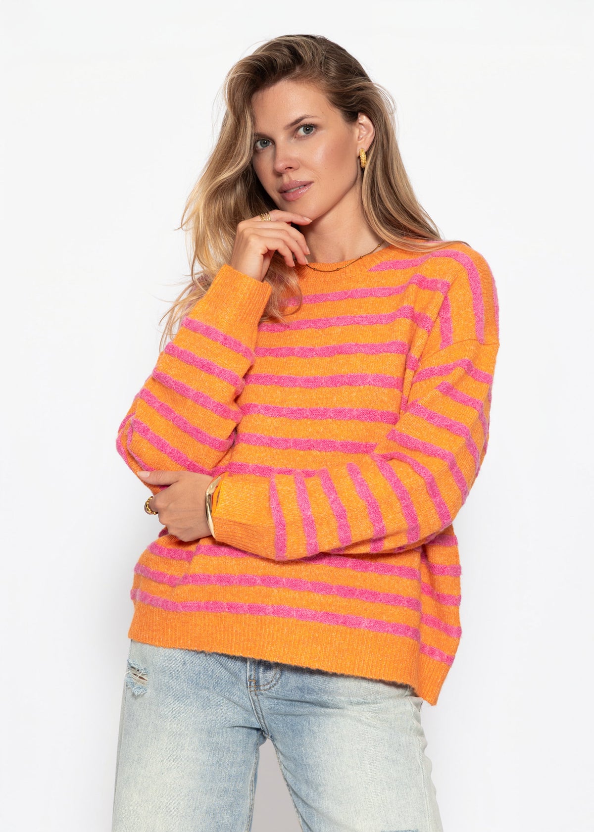 Strickpullover mit Streifen-Design - pink-orange