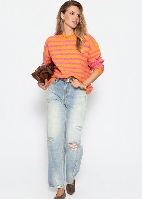 Knit jumper with stripe design - pink-orange