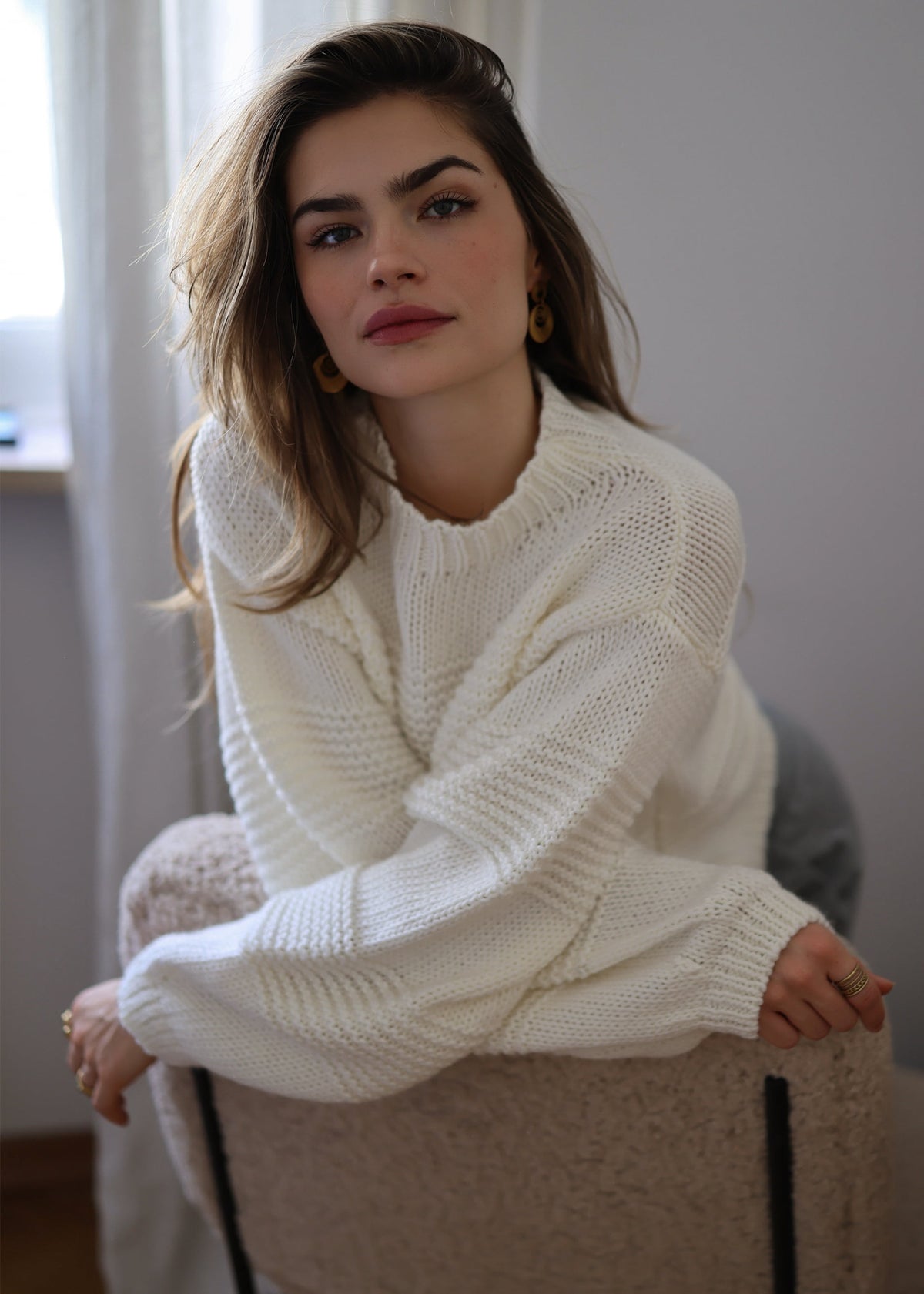 Strickpullover mit Strukturstreifen - offwhite