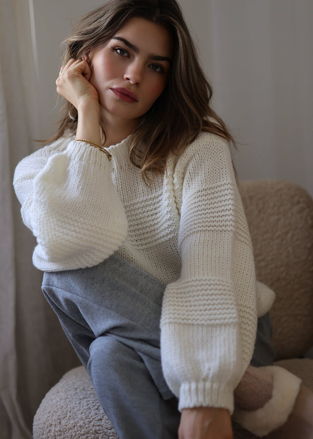 Strickpullover mit Strukturstreifen - offwhite