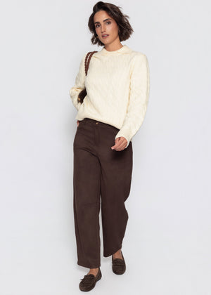 Strickpullover mit Zopfmuster und Kragen - offwhite