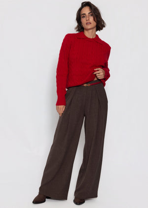 Strickpullover mit Zopfmuster und Kragen - rot