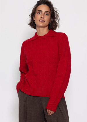 Strickpullover mit Zopfmuster und Kragen - rot