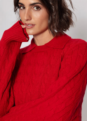 Strickpullover mit Zopfmuster und Kragen - rot