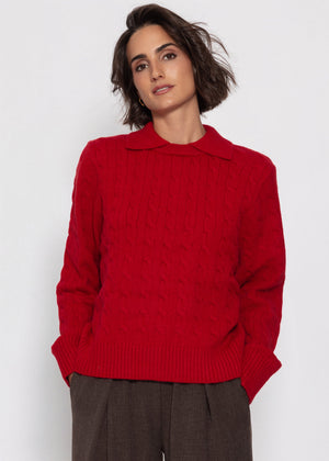 Strickpullover mit Zopfmuster und Kragen - rot
