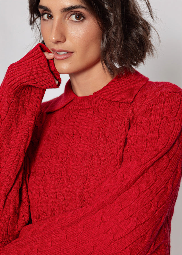 Strickpullover mit Zopfmuster und Kragen - rot
