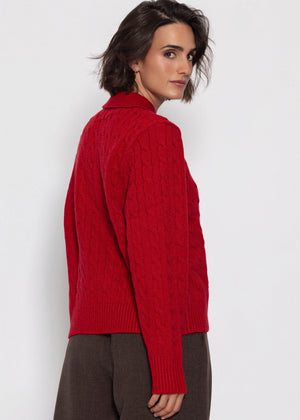 Strickpullover mit Zopfmuster und Kragen - rot