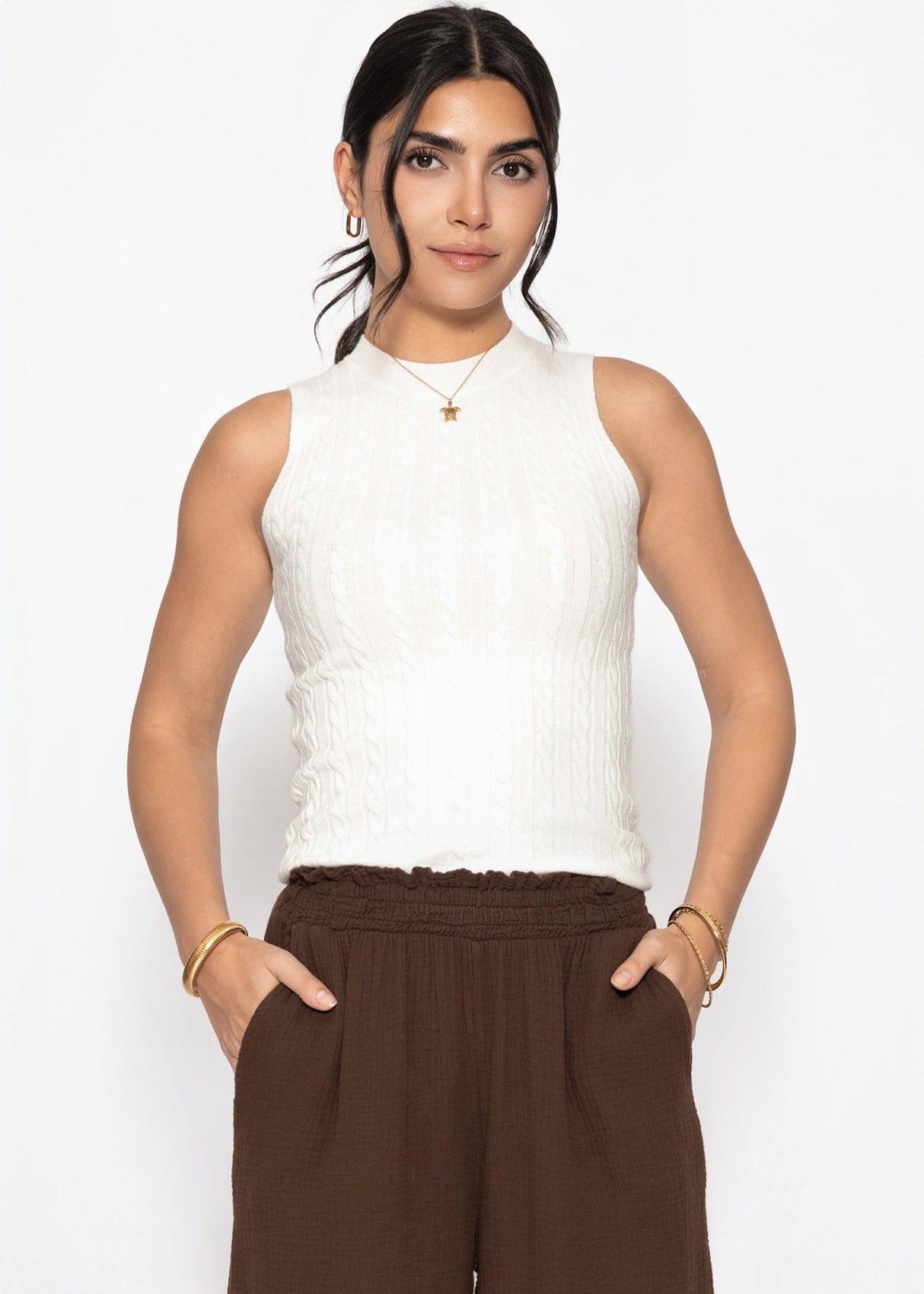 Stricktop mit Zopfmuster - weiß