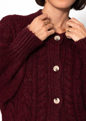 Super flauschige Strickjacke mit Zopfmuster - burgundy