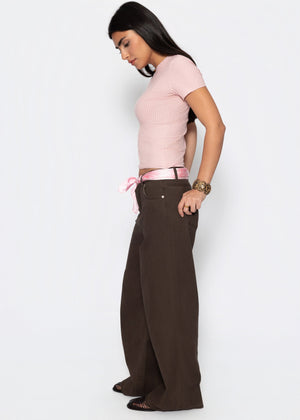 T-Shirt in geripptem Jersey - altrosa